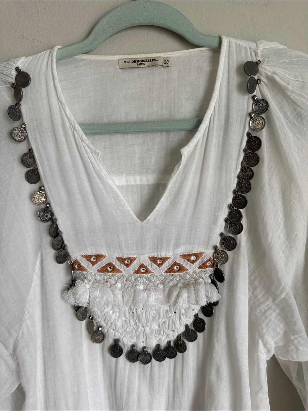 Mes Demoiselles Paris Ania White  Boho Peasant Blouse Coin Embellished Size 38 - Picture 6 of 13